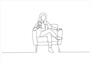 ilustración de una mujer que usa un teléfono inteligente que anuncia una nueva aplicación móvil, envía mensajes de texto en línea sentados en un sillón. estilo de arte de una línea vector