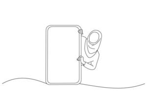 Cartoon of excited asian muslim lady peeking out big giant vertical smartphone with white blank screen presenting device display. One line art vector