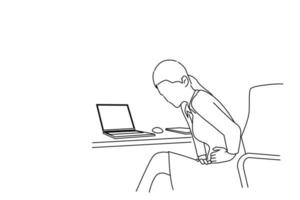 Drawing of female manager sitting at table, bending, touching her stomach, suffering from pain. Outline drawing style art vector