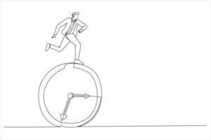 Cartoon of businessman running on clock. Deadline concept. Single continuous line art style vector