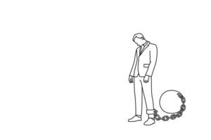 Illustration of depressed businessman stands with a lowered head while chained to an iron ball. Business world restrictions concept. One continuous line art style vector