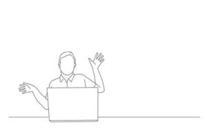 Cartoon of shocked man surprised bounce to wall after looking at laptop. Line art style vector