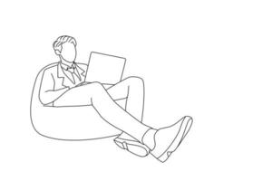 Drawing of young businessman sitting in pouf and using laptop. Line art style vector