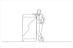 Drawing of casual guy standing and leaning on huge giant cell phone with empty white screen template. Single continuous line art vector