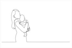 Drawing of happy mother with her baby. Single line art style vector