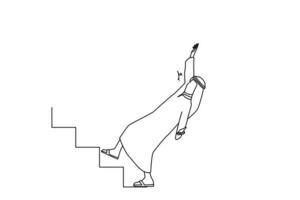 caricatura de un gerente de negocios saudí estresado que se cae de las escaleras sintiendo pánico. crisis empresarial y metáfora del fracaso. arte de estilo de dibujo de esquema vector