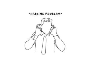 Cartoon of young businessman wearing tie and glasses standing trying to hear both hands on ear gesture. line art style vector