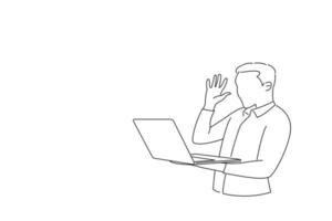 Drawing of shocked business man raising arm expressing fear while working on laptop, he made a mistake in computer program. Line art style vector