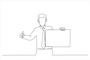 Drawing of man holding white blank board and showing thumb up, copy space. Single line art style vector