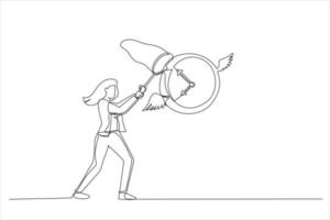 Cartoon of businesswoman hurry to catch flying clock . Lack of time and project deadline concept. Continuous line art vector