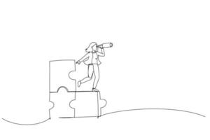 Drawing of businesswoman standing on uncompleted jigsaw looking for missing piece. Finding solution concept. Single line art style vector