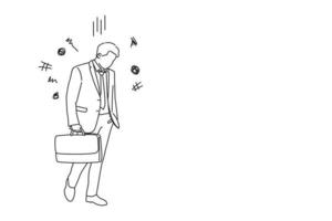 Illustration of young depressed businessman looking down. One line art style vector