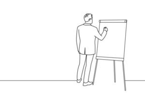 Cartoon of businessman writing on a flipchart. Oneline art drawing style vector