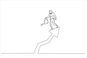 Drawing of businesswoman pouring water with care to grow company growth arrow. Grow business increase profit. Single line art style vector