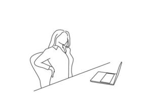 Cartoon of freelancer young woman suffering with back pain while working in her office at home. line art style vector