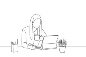 Cartoon of asian woman is happy to work using a tablet and drinking coffee at the office. Line art style vector