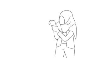 Cartoon of young muslim woman holding wrist or hand with pain, sickness concept CTS, wrist pain. Single continuous line art style vector