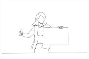 Drawing of woman holding white blank board and showing thumb up, copy space. Single line art style vector