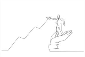 Cartoon of businessman standing on helping hand pull up rising graph. Drive sale increasing profit. Single continuous line art style vector