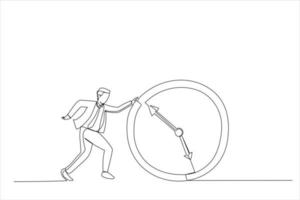 ilustración de un hombre de negocios corriendo detrás de un reloj en marcha. un estilo de arte de línea continua vector