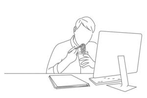 Drawing of young businessman freelancer working at late night eating hot instant noodle. Line art style vector