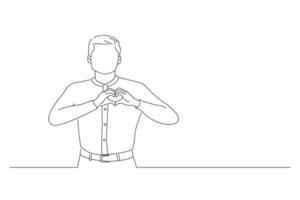 Drawing of young asian businessman showing heart sign express love, affection or admiration. Line art style vector