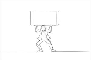 Illustration of woman is balancing a giant cell smart phone over his head that has a blank screen for your images and text. One line style art vector