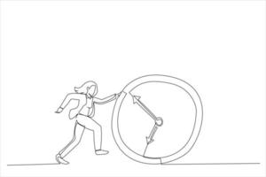 Illustration of Businesswoman Running Behind Running Clock. One continuous line art style vector