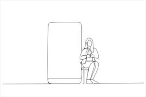 Drawing of happy woman sitting on chair near big smartphone with empty white display. Single line art style vector