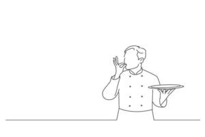 Illustration of young male chef cook or baker man in white uniform shirt posing hold empty plates, making okay taste delight sign. One line art vector