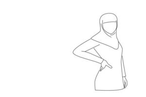 Drawing of arab business woman with back pain holding her aching hip. Single line art style vector