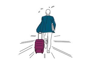 Illustration of rear view of businessman with luggage running on airport. One line art style vector