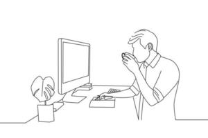 dibujo de un hombre que trabaja en una computadora en la oficina disfrute de un café por la mañana en la pantalla de videollamada. estilo de arte lineal vector
