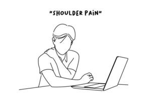 Drawing of young office man shoulder pain. Concept office syndrome. Outline drawing style art vector