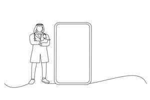 Cartoon of Middle Eastern Male Physician In Glasses And White Uniform Pointing Finger At Big Phone Screen. One line art vector