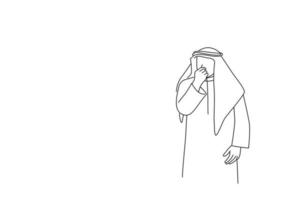 Drawing of arab businessman smelling something stinky and disgusting, intolerable smell, holding breath with fingers on nose. Single line art style vector