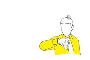 Drawing of anxious businessman in a hurry checking time, he is late for his business appointment. Single line art style vector