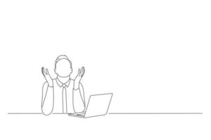 Drawing of emotional scared young manager sitting in office and screaming and crying cause made big mistake. Oneline art drawing style vector