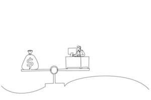 Drawing of businessman working hard on busy desk seesaw balance with wages money bag. Work hard for money or incentive motivate to work overtime metaphor. Single line art style vector