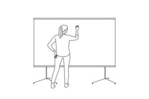 Drawing of young woman writing on a whiteboard in an office, back view. Oneline art drawing style vector