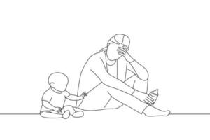 Cartoon of tired young woman accompany cute baby at home. Line art style vector