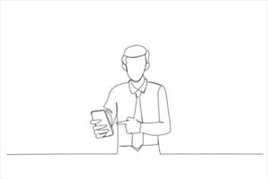 Cartoon of young man pointing finger at mobile phone. Single continuous line art style vector