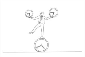 Drawing of businessman balancing all time pieces. Work life balance or control work project time and schedule concept. Single continuous line art vector