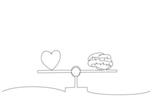 Drawing of brain and heart on a balance scale. Single continuous line art vector