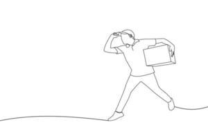 Drawing of excited delivery man running and holding parcel box. Outline drawing style art vector