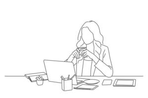 caricatura de una mujer de negocios relajándose, tomando café, viendo tutoriales en línea en el lugar de trabajo, estación. estilo de arte lineal