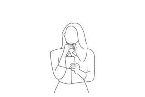 Cartoon of pensive businesswoman using mobile phone and looking away. Oneline art drawing style vector