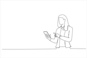 Illustration of woman standing using a mobile phone. One line art style vector