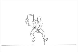 Drawing of closeup of smartphone with blank screen in jumping. Single line art style vector