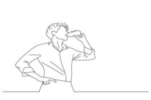 Illustration of young businessman leaning on an office building glass window drinking from a bottle of mineral water. Line art style vector